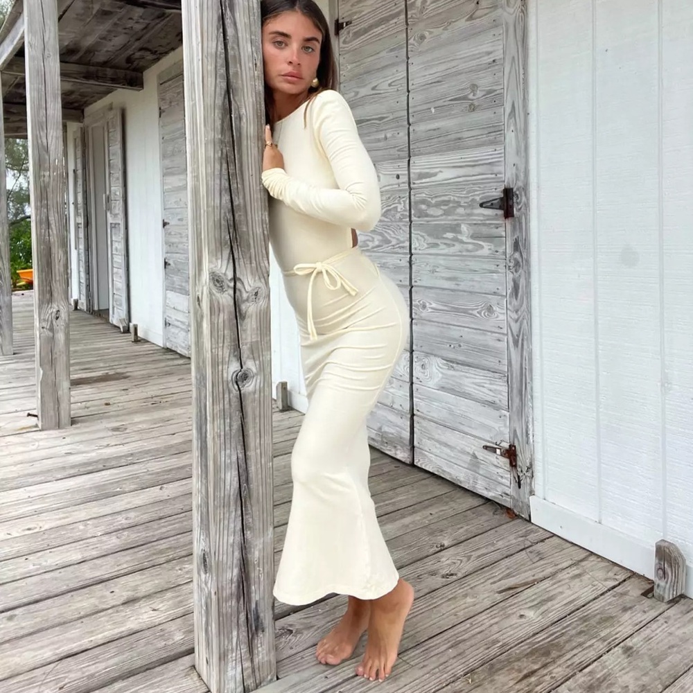Heavy Manners Cream Long-Sleeve Cutout Maxi Dress